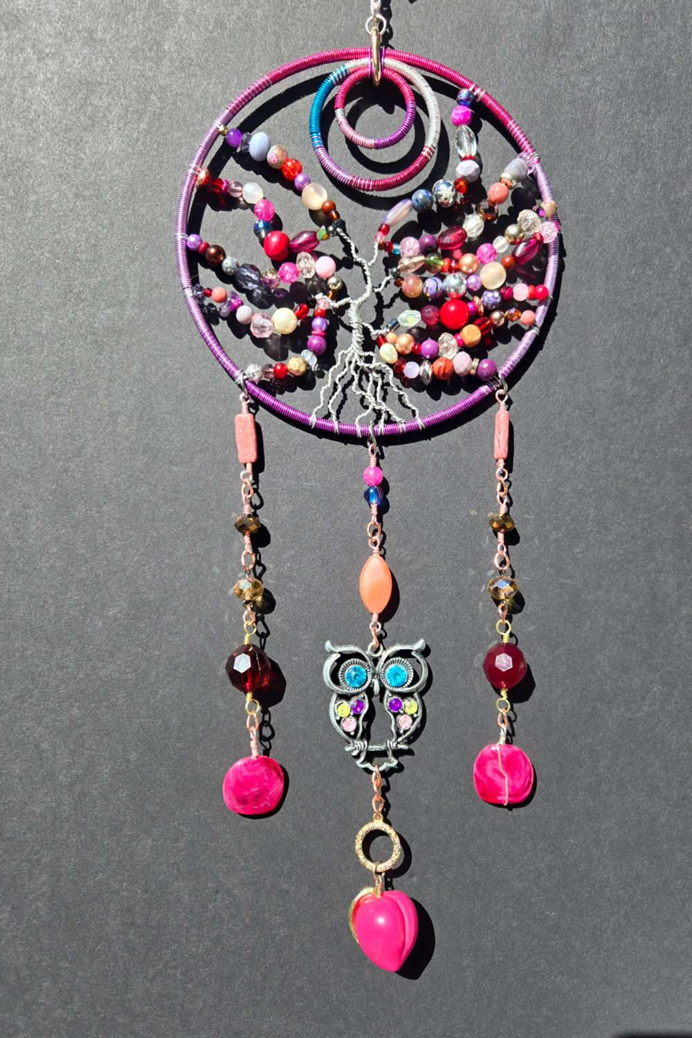 Pink Owl Tree of Life Suncatcher