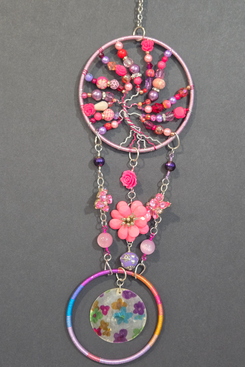 Pink Flowers Tree of Life Suncatcher